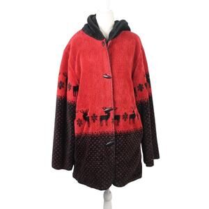 Vintage 90s Alpine Studio Red and Black Deer Fleece Reversible Jacket M